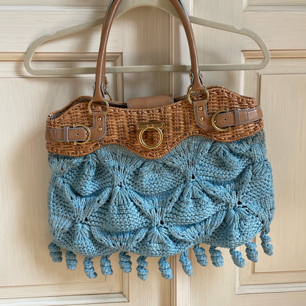 Turquoise Salvatore Ferragamo Knit and Straw Bag NWT